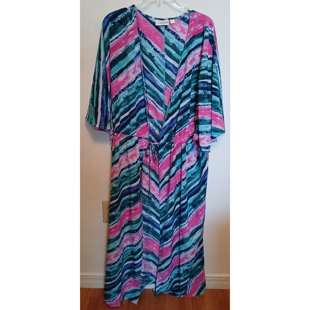 Belle Beach 2X 2XP 3X 3XP Silky Pink Green Swimsuit Cover Up Tie at Waist Robe